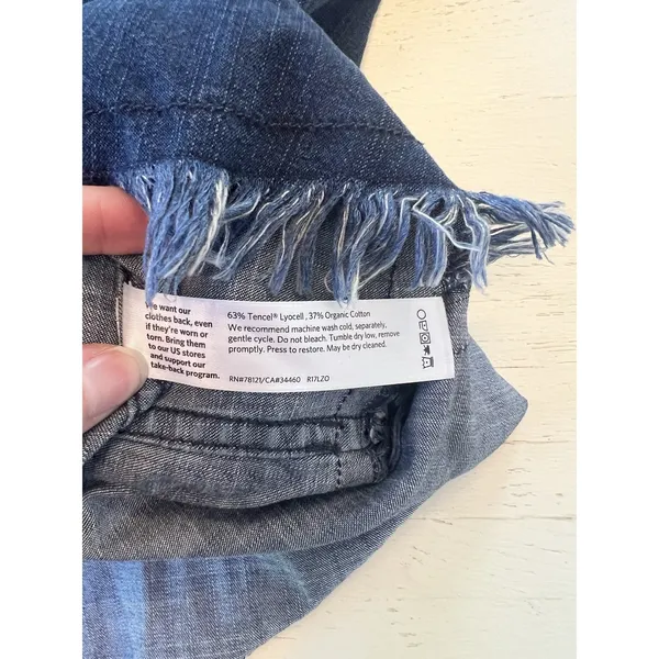 Eileen Fisher Denim Shirt‎ Dress Indigo Blue Tencel Organic Cotton Fringe Hem XS - Image 5