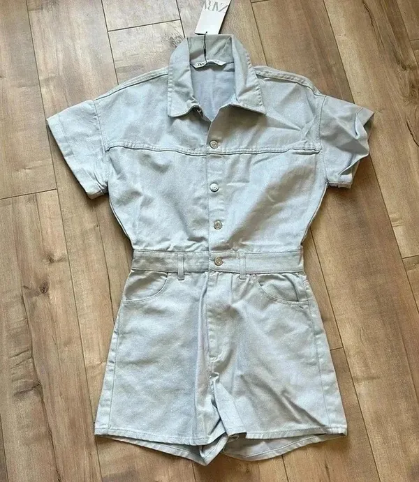 NWT ZARA Metallic Denim 100% Cotton DustyBlue Shimmer Short Romper 6929/201 Sz S - Image 7