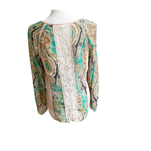 Anthropologie Meadow Rue Giada Crochet Semi Sheer Multicolor Peasant Blouse Med - Image 3