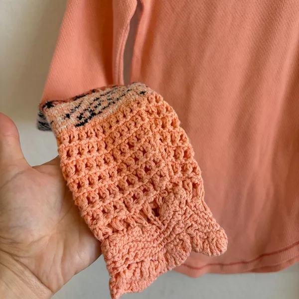 FREE PEOPLE The Mix Cuff Thermal Orange Coral Waffle Knit Crochet Top Womens XS - Image 5