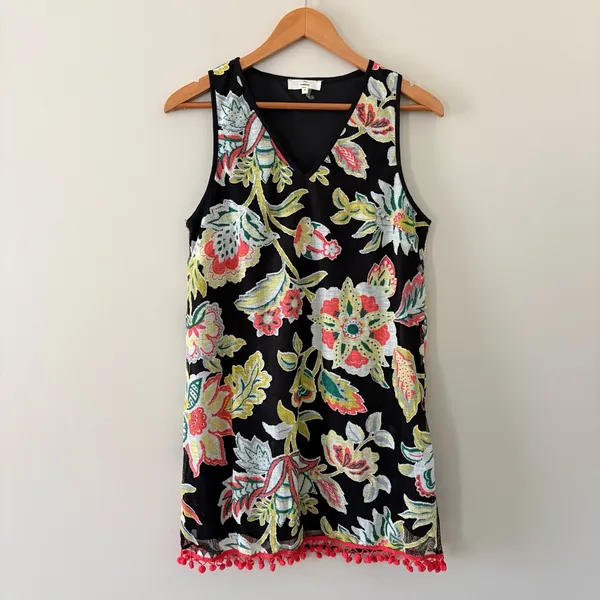 Entro Black Floral‎ Sleeveless Tunic Dress Pom Pom Hem Size S Coastal Preppy - Image 2