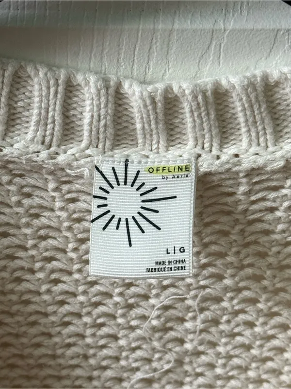 Aerie Offline Open Knit Crochet V-neck Cropped Sweater in Cream - Image 4