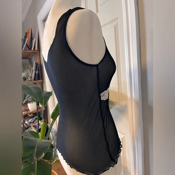 Y2K Black Mesh Lace Trim Tank Top Cream Colorblock Fairy Grunge S - Image 4