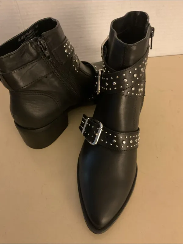 Steve Madden women Black leather Studded Buckle biker moto Ankle Boots US 6 - Image 10