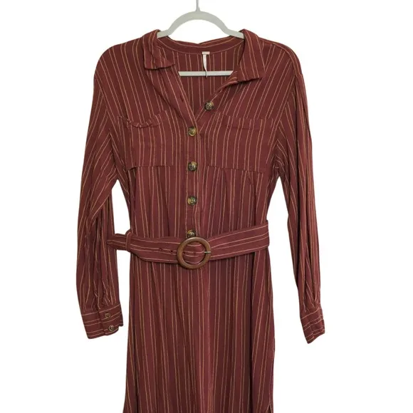 Free People Burgundy Pinstripe Belted Midi Shirt Dress Maroon‎ Academia Boho - Image 2