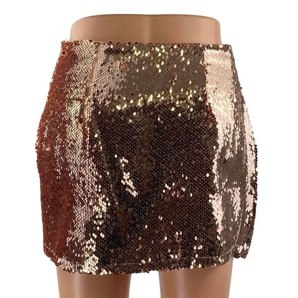 Superdown Sonya Rose Gold Sequin High Waisted Surplice Faux Wrap Mini Skirt XS - Image 3