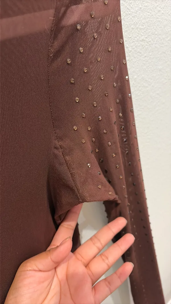 BKE Women’s Sheer Buckle Brown Copper Mesh Long Sleeve Top Small - Image 2