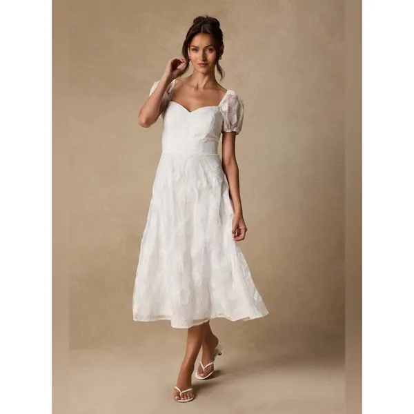 Lulus Sweetest Behavior White Embroidered Puff Sleeve Midi Dress Size Medium - Image 4
