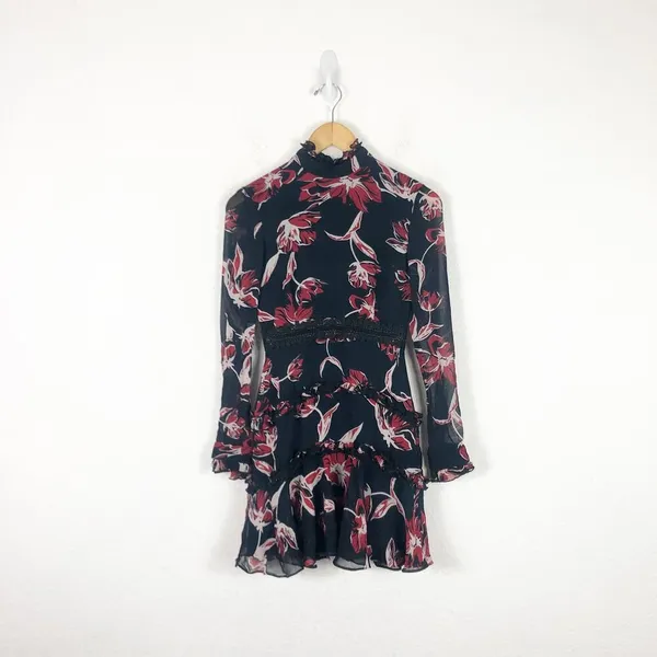 Nicholas French Floral Mini Dress Size 2 Silk Long Sleeve Ruffle Aline High Neck - Image 4