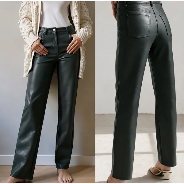 Aritzia Wilfred Melina Vegan Leather Pants Women Sz 2 Deep Green High Rise Straight - Image 2