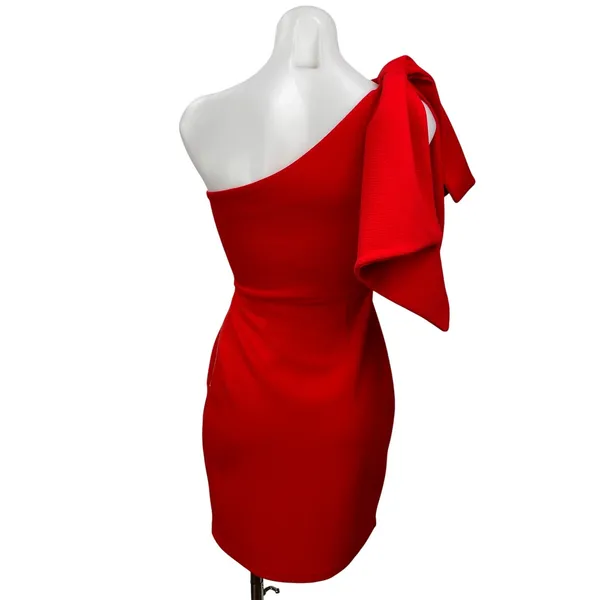 Pilgrim Women's Red One Shoulder Tie Bow Sleeveless Mini Bodycon Dress Size 2 - Image 3