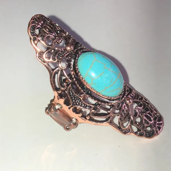 Copper Color Faux Turquoise Filigree Boho Statement Ring - Image 2