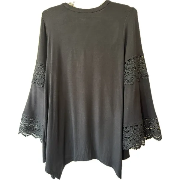 Black Boho‎ Bell Sleeve Tunic Top Lace Trim Flowy Romantic Western Witchy M - Image 2