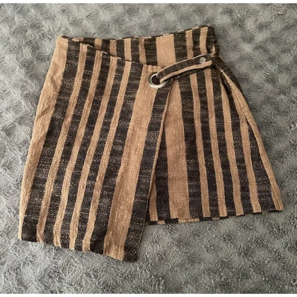 Free People Wrap Mini Skirt M Brown Stripe Asymmetrical Boho Cottage Festival - Image 16