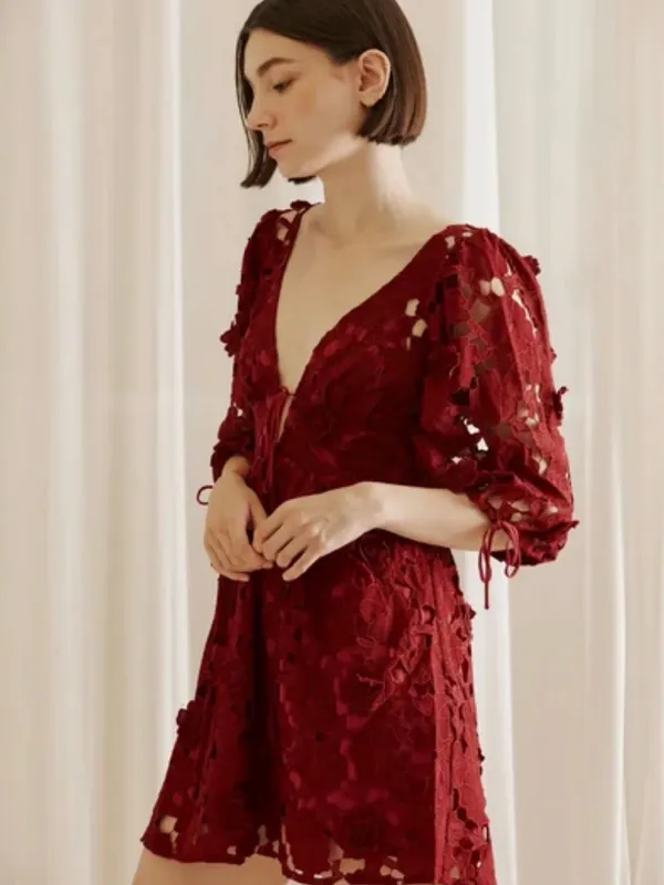 Storia Deep Red Lace V-Neck Eyelet Floral Mini Dress - Image 2