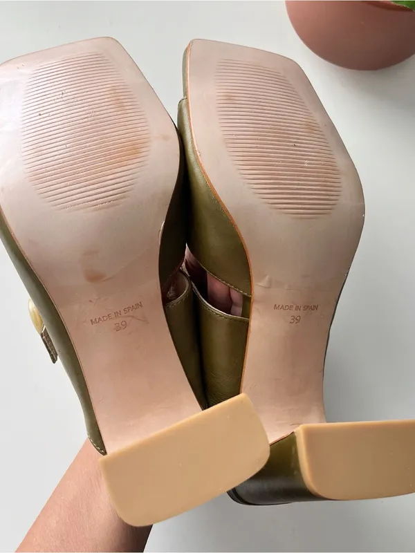 Ana Palma Olive Green Leather Ivory Buckle Block Heel Mules Made in Spain - Image 7