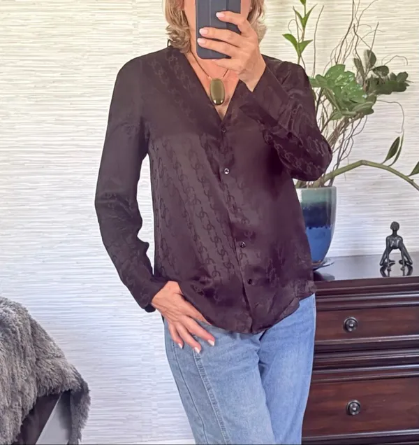 Massimo Dutti Black Monogram Silk Viscose Sheer Button Front Blouse Size XS - Image 2