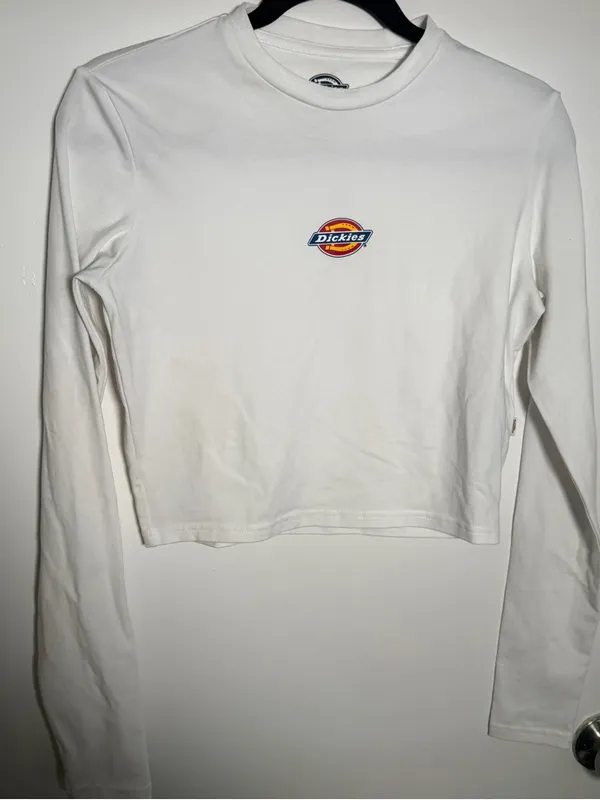 Dickies White Cropped Crewneck Tee with Black Logo Print Womens Medium - Image 5
