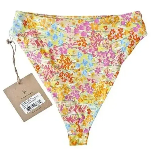 NWT Stone Fox Swim Sumatra Flower Fields High Waist Bikini Bottom XS Yellow Pink - Image 14