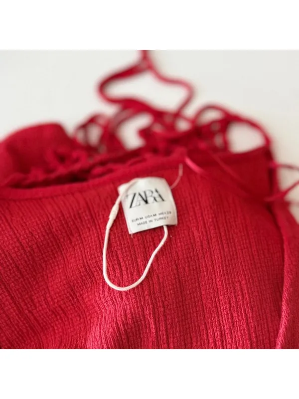 Zara Red Crochet Neck Knotted Macrame Gauzy Maxi Dress Medium 3/4 Sleeves - Image 6