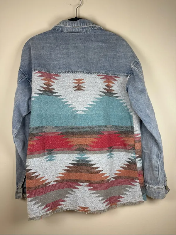 Women's Patchwork Denim Jacket Aztec Print Shacket Oversized Boho sz XS Blue - Image 9