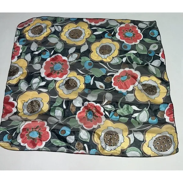 Vintage Space Age Scarf Black Floral Flower Print 20" Square Polyester Womens - Image 3