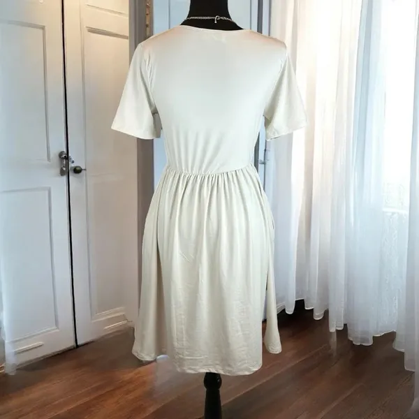 zenana faux wrap dress sand cream fit &‎ flare pockets casual surplice small - Image 4