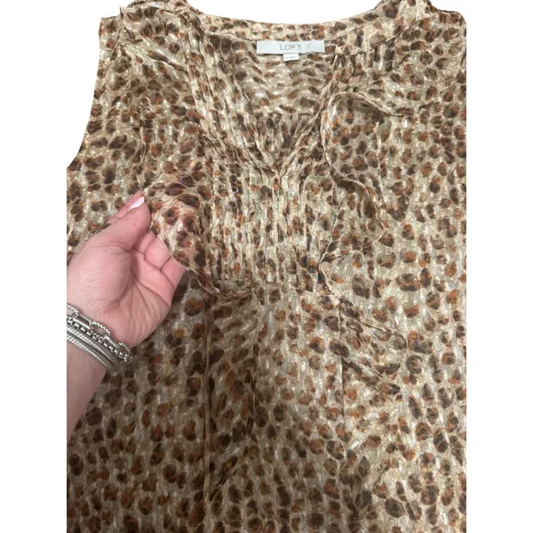 LOFT‎ Women's Medium Sleeveless Top Brown Animal Print Ruffle Blouse - Image 4