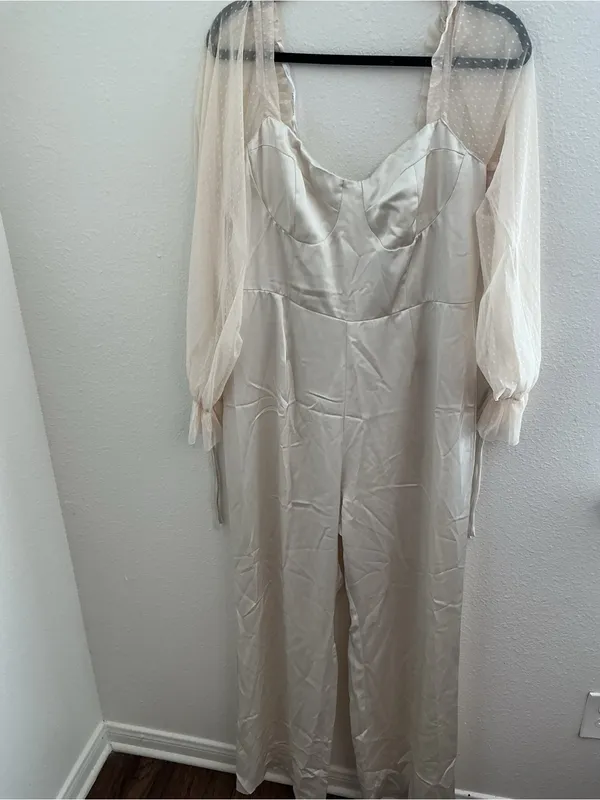 Lulu's Cream Satin Jumpsuit with Sheer Puff Sleeves - Image 3