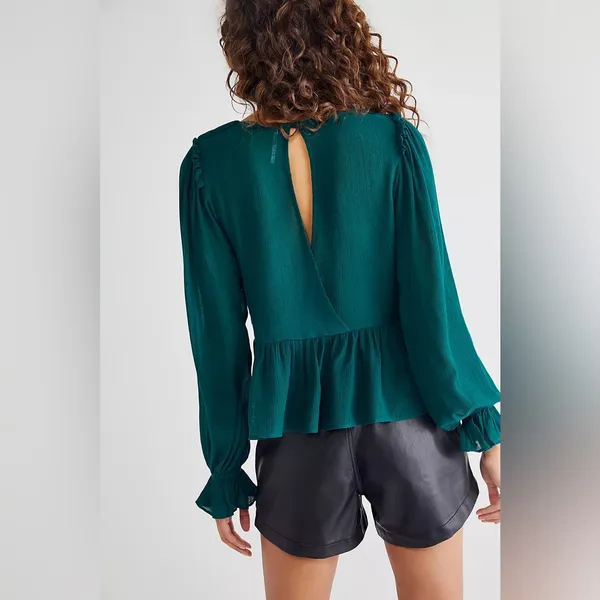 NWT Free People Teal Textured Peasant Daia Top Small - Image 4