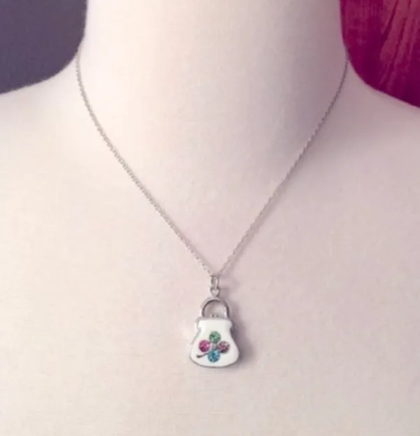 Vintage White Enamel Sterling Silver Rhodium Plated Crystal Purse Necklace - Image 6