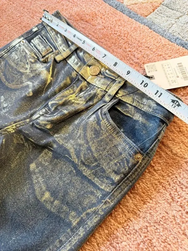Zara Metallic Gold Coated Skinny Jeans Women Size 0 / EU 32 Blue Gold Stretch NW - Image 5