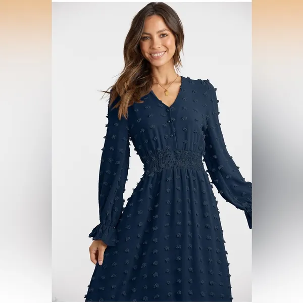 NWT MASCOMODA Navy Swiss Dot Maxi Dress Smocked Waist V-Neck Tiered Size Large - Image 4