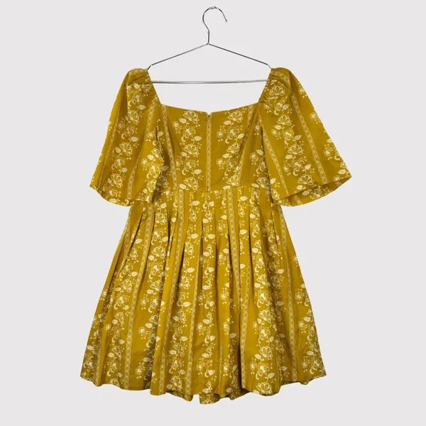 Mason's Daughter Mini Dress Yellow Emma Saffron Floral Square Puffed Boho Medium - Image 3