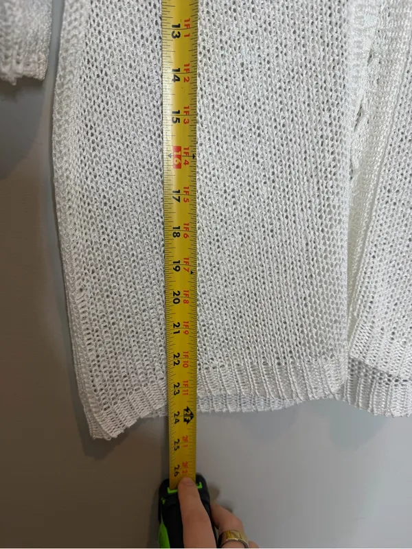 Vintage Sag Harbor Open Knit Cardigan Womens M White Short Sleeve Sheer Y2K - Image 5