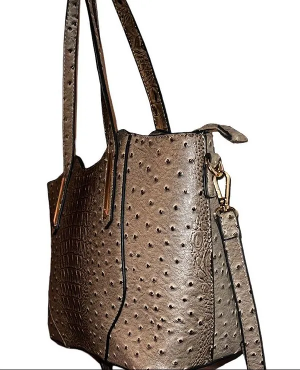 Isabella vegan leather ostrich satchel! Taupe in color with unique design! - Image 4