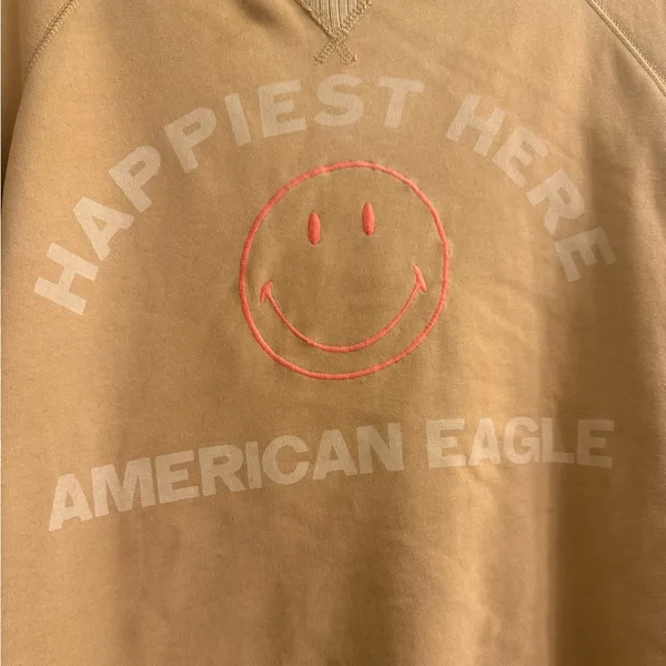American Eagle Funday Graphic Happiest Here Smiley Tan Sweatshirt - size XL - Image 2