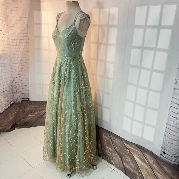 TLC Say Yes to the Prom Green Gold Sequin Glitter Sleeveless Ball Gown Size 9 - Image 3