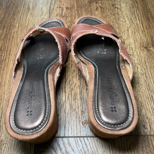 Naturalizer N5 Comfort Brown Leather Crisscross Wedge Sandals Womens 7.5 M -READ - Image 2