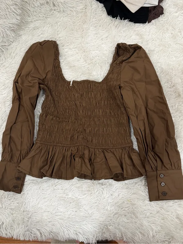 Peppermayo Joyce Long Sleeve Cotton Shirred Top - Chocolate - Image 8