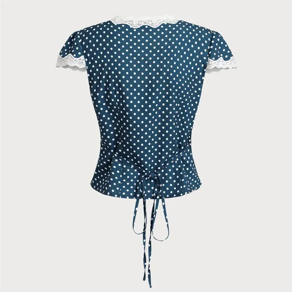 Rihoas Blue Polka Dot Lace Trim Blouse - Image 7