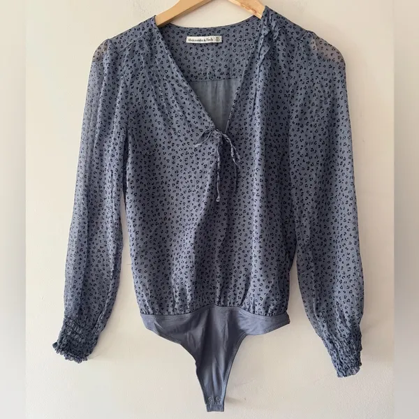 Abercrombie‎ & Fitch Blue Leopard Print Sheer Long Sleeve Bodysuit - Image 2