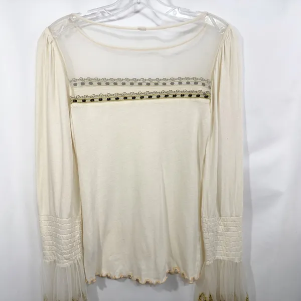 Free People Small Top Ivory Embroidered Bell Sleeve‎ Flared Boho Dramatic 696 - Image 12