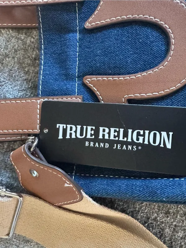 True Religion Navy Denim Mini Tote with Brown Leather Accents - Image 5