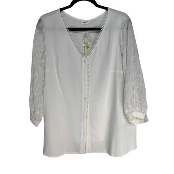 Agnes Orinda White V Neck Button Front Blouse Sheer Lace Sleeve Top Plus Size 1X - Image 7