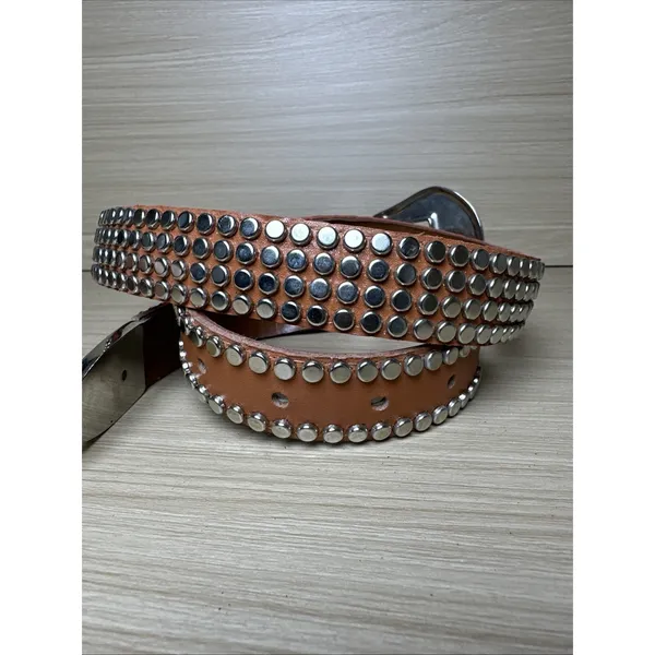 Vintage Statement Belt Womens A. Taylor Tan Silver Buckle Medium Studded‎ - Image 12
