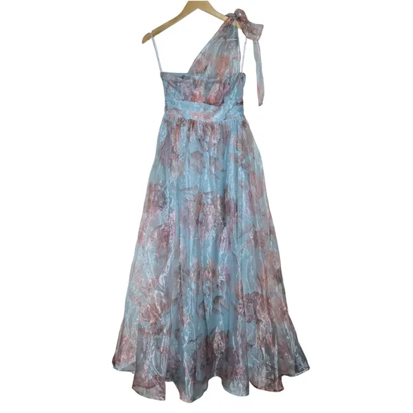 Lulus Blue Pink Dramatically Lovely Floral One-Shoulder Maxi Dress Organza S NWT - Image 4