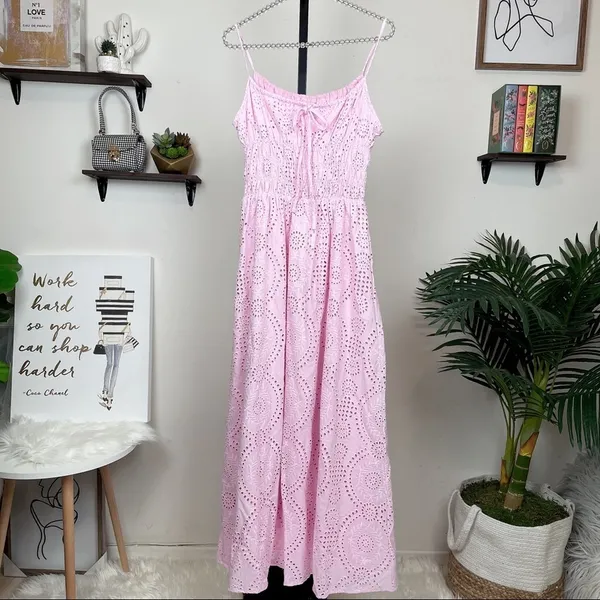 Charlie Holiday Anne Pink Eyelet Cotton Smocked Broderie Maxi Sundress - Image 8