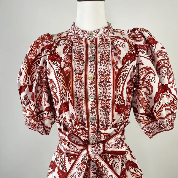 NWT Farm Rio Tropical Cameo Belted Romper Size XS 100% Cotton Puff Sleeves - Image 4