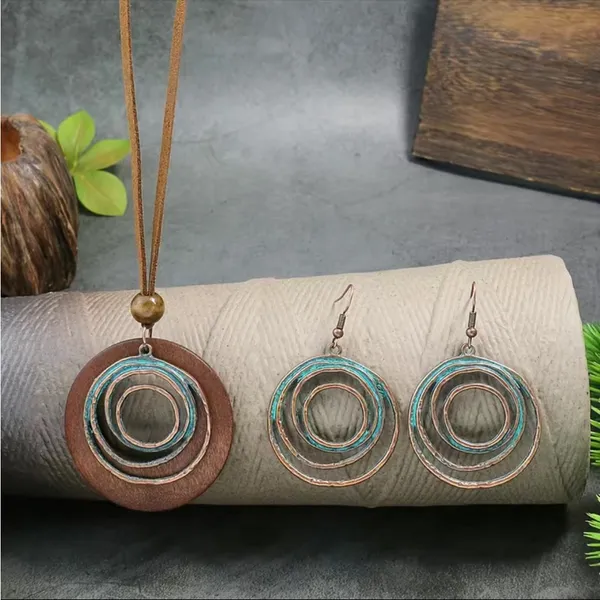 Boho Vintage Style Necklace/Earrings‎ Set Hollow Spiral Design Zinc Alloy Wood - Image 2